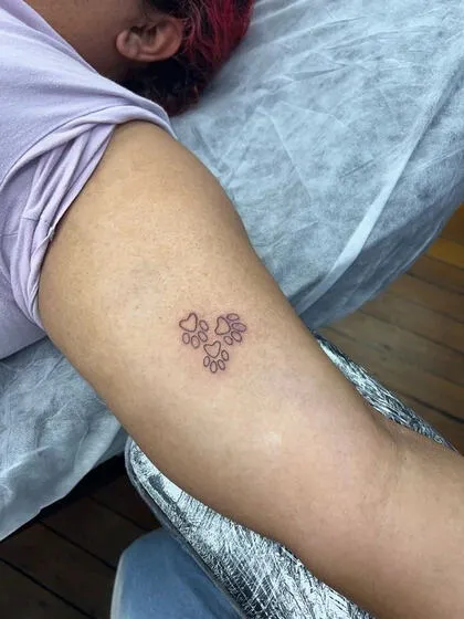 Fine line three paw prints in a heart on the arm