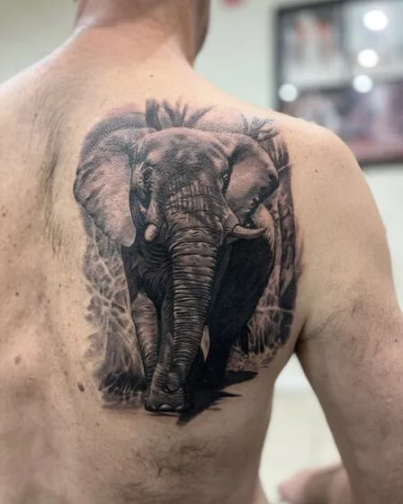 Black and grey realism African elephant back tattoo