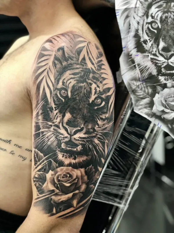 Bengal tiger and roses realism sleeve tattoo by Beach Street Arts, Phuket Old Town