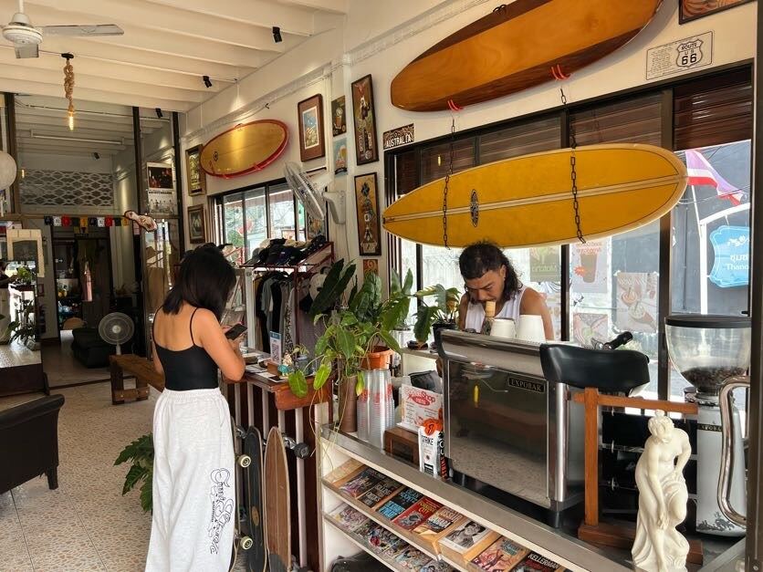 Espresso bar under hanging surfboards