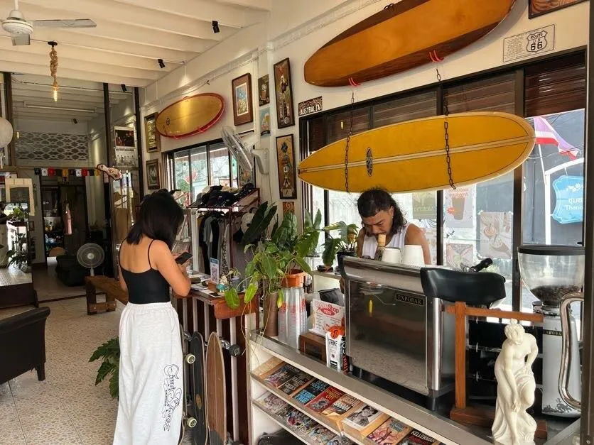 Espresso bar under hanging surfboards
